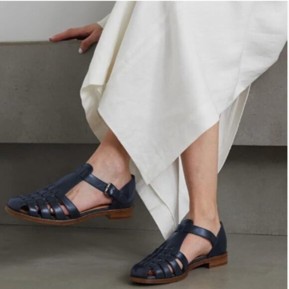 FSJ Navy Closed Toe Low Block Heel Woven Roman Ankle Strap Hollow Caged Sandals - Picture 1 of 8